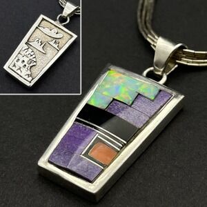 Vintage Native Scenic Reversable Gemstone Inlay Pendant Liquid‎ Silver Necklace